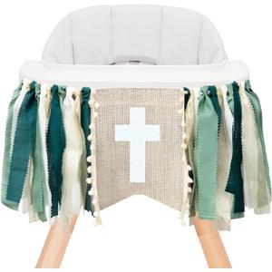 God Bless Cross High Chair Banner,First Holy Communion Baptism Party Decorations,Religious Jesus Christening Decor for Boys Girls,36x12 inches