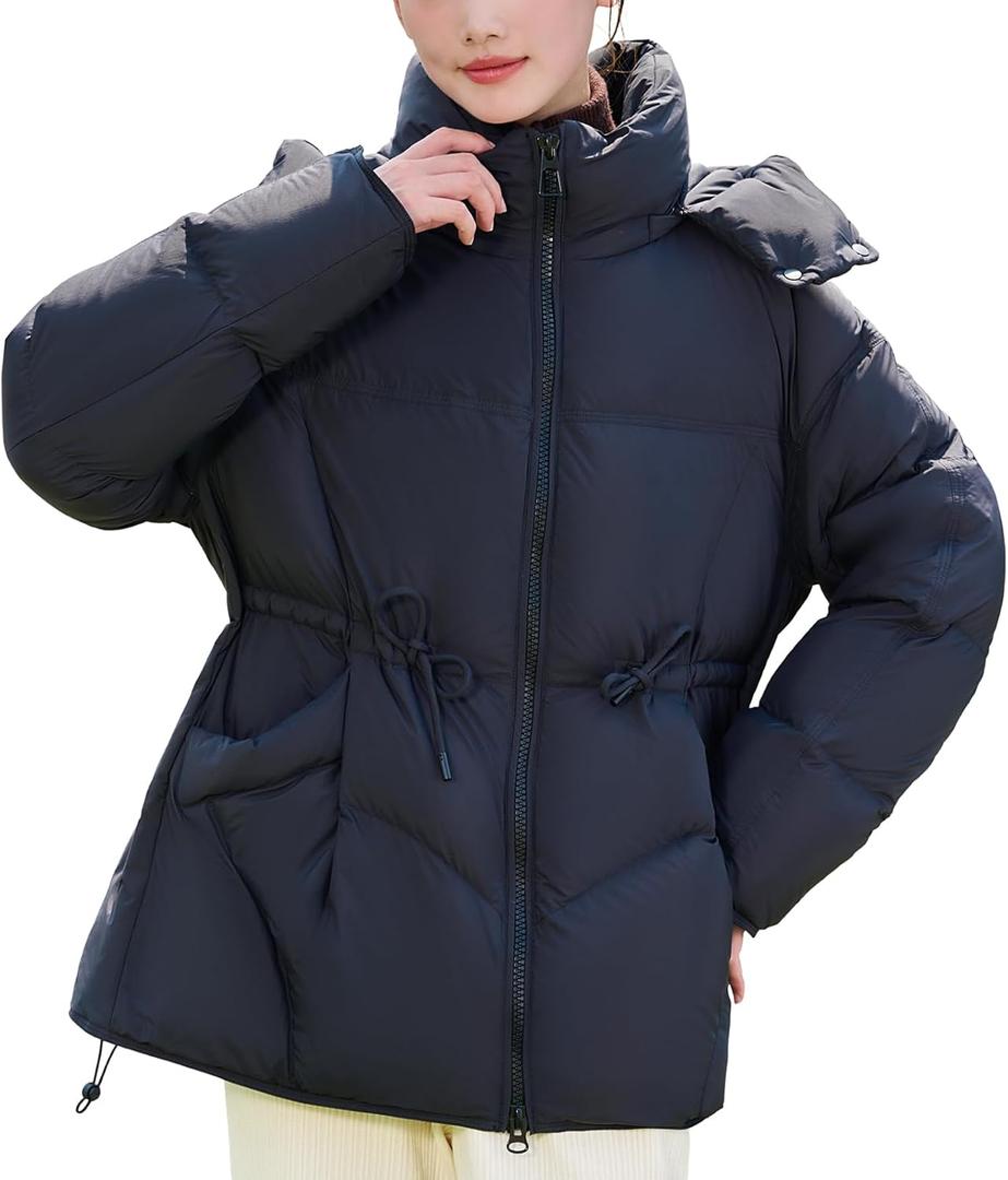 Women's Winter Coats Lightweight Jacket Hooded Warm Cropped Puffer Jacket Windproof Down Coat With Drawstring (Black) Small