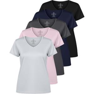 Real Essentials 5 Pack: Women's Dry-Fit Short Sleeve V Neck T Shirt Workout Fitness Yoga Top Tee (Available in Plus Size) (Pink, XXXL)