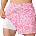 maamgic Mens Swim Trunks 5 Inch with Mesh Lining, Quick Dry Mens Bathing Suit, Swim Shorts for Swimming and Beach, Pink Striped Large
