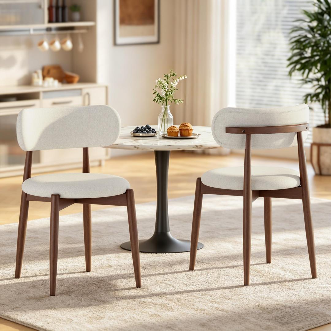 Fabulcozy Wooden Dining Chairs Set of 2, Mid Century Modern Upholstered Kitchen Chairs with Solid Wood Legs, 350lb Heavy Duty Padded Side Chairs for Dining Room & Vanity, Beige