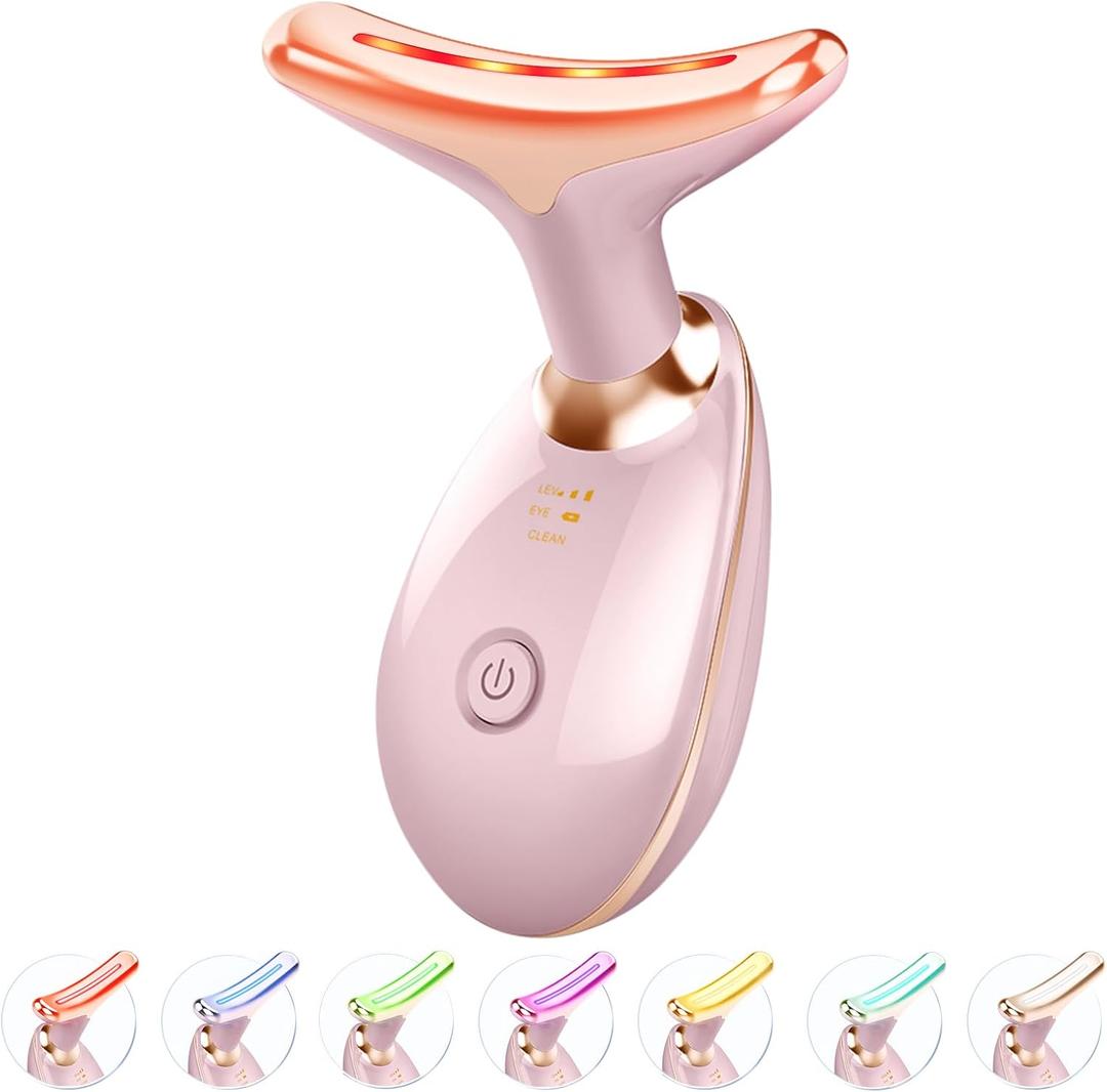 ELISHINE Red Light Therapy for Face and Neck, 7 Color Light Based Face Massager Tool, Portable Skin Care Tool for Firming, Tightening and Lifting (Glossy Pink)
