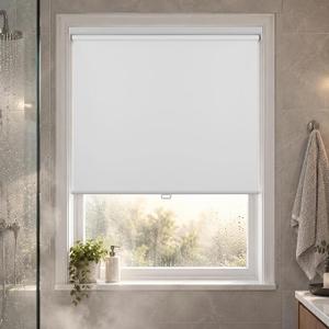HESTIA No Drill Cordless Blackout Roller Shades Screwless Waterproof Shower Window Blinds, Auto-Retraction Easy Install Blind for Bathroom/Kitchen/Office/Exterior, White, 27" W x 54" H