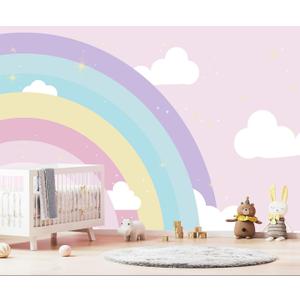 WFBHUA-Rainbow Cloud Wallpaper Mural Kids Bedroom Pink Wallpaper for Girls Room Baby Room (Not Peel and Stick)