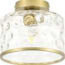 Gold Flush Mount Ceiling Light with Clear Hammered Glass lampshade, Farmhouse Ceiling Lights Fixture in Satin Brass for Kitchen Bathroom, Bulb not Included