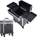 Rolling Makeup Train Case Large Cosmetic Trolley Organized Aluminum Barber Case for Hairstylist Makeup Nail Tech Salon with Keys Swivel Wheels Traveling Cart Trunk - Black