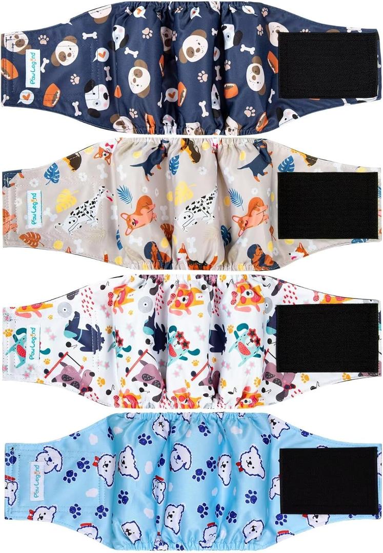 Paw Legend Washable Dogs Diapers Male Dog Belly Bands for Male Dogs Diapers Reusable Puppy & Doggie Diapers Male (4 Pack, Small)