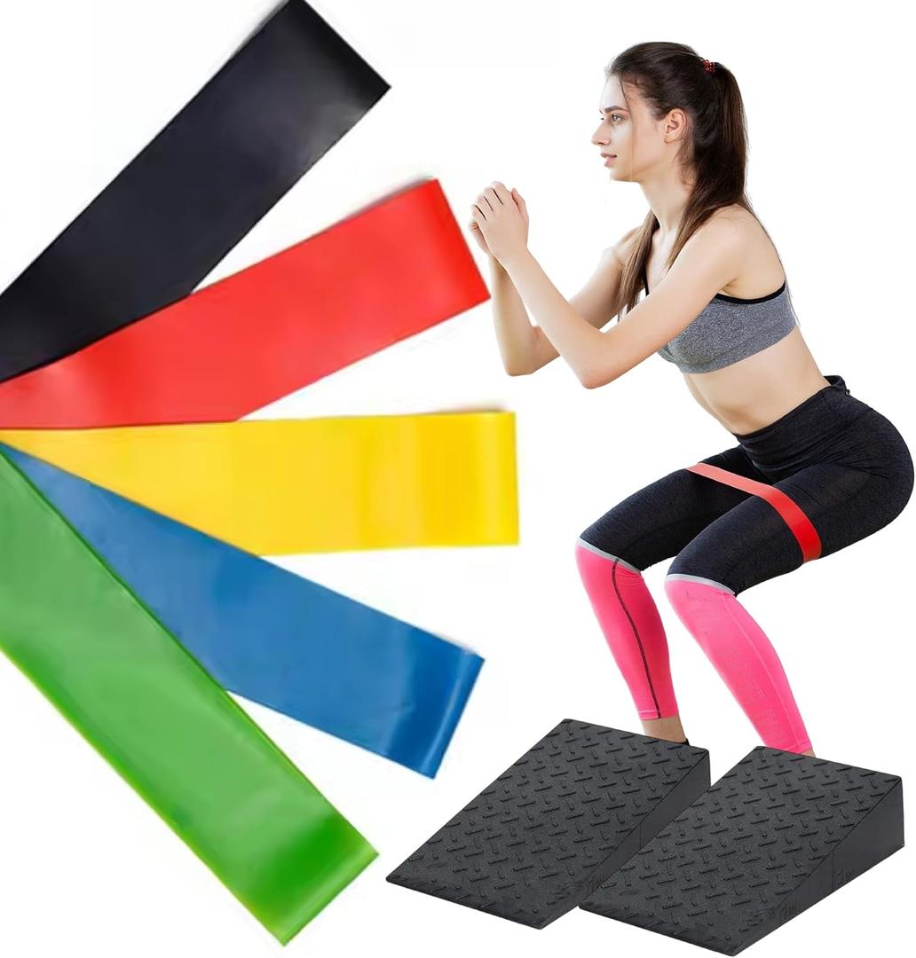 Exercise Slant Board & Resistance Bands Set  2PCS Incline Calf Raise Wedge Blocks + 5 Loop Bands  Non-Slip, Heavy Duty Material  Ankle Mobility & Stretching Kit for Home Gym & Rehab