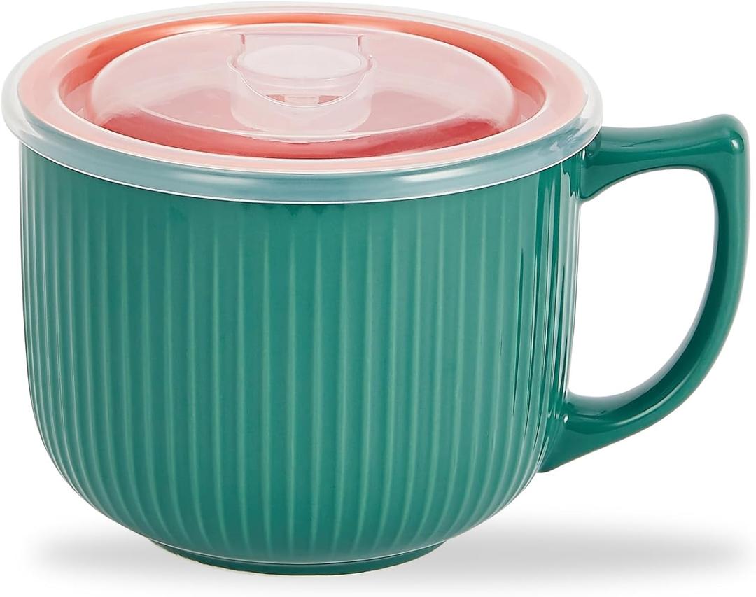 Ceramic Soup Bowl with Handle 32oz  Microwave Ramen Bowl with Lid, Soup Mugs & Cups for Cereal, Oatmeal, Ramen, Instant Noodle, Soup Container with Lid - (Green)