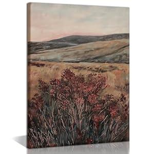 Moody Maroon Wildflowers Canvas Wall Art Antique Red Pastoral Wall Decor Vintage Floral Landscape Art Pictures Wildflowers Oil Paintings Farmhouse Posters Prints Gallery Bedroom Decor 16x24 Inch