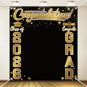 Frienda Large Class of 2026 Graduation Backdrop 6.6 x 7.2 ft Congrats Grad Graduation Party Decoration Photography Background for High School College Party Decor Supplies(Black Gold)