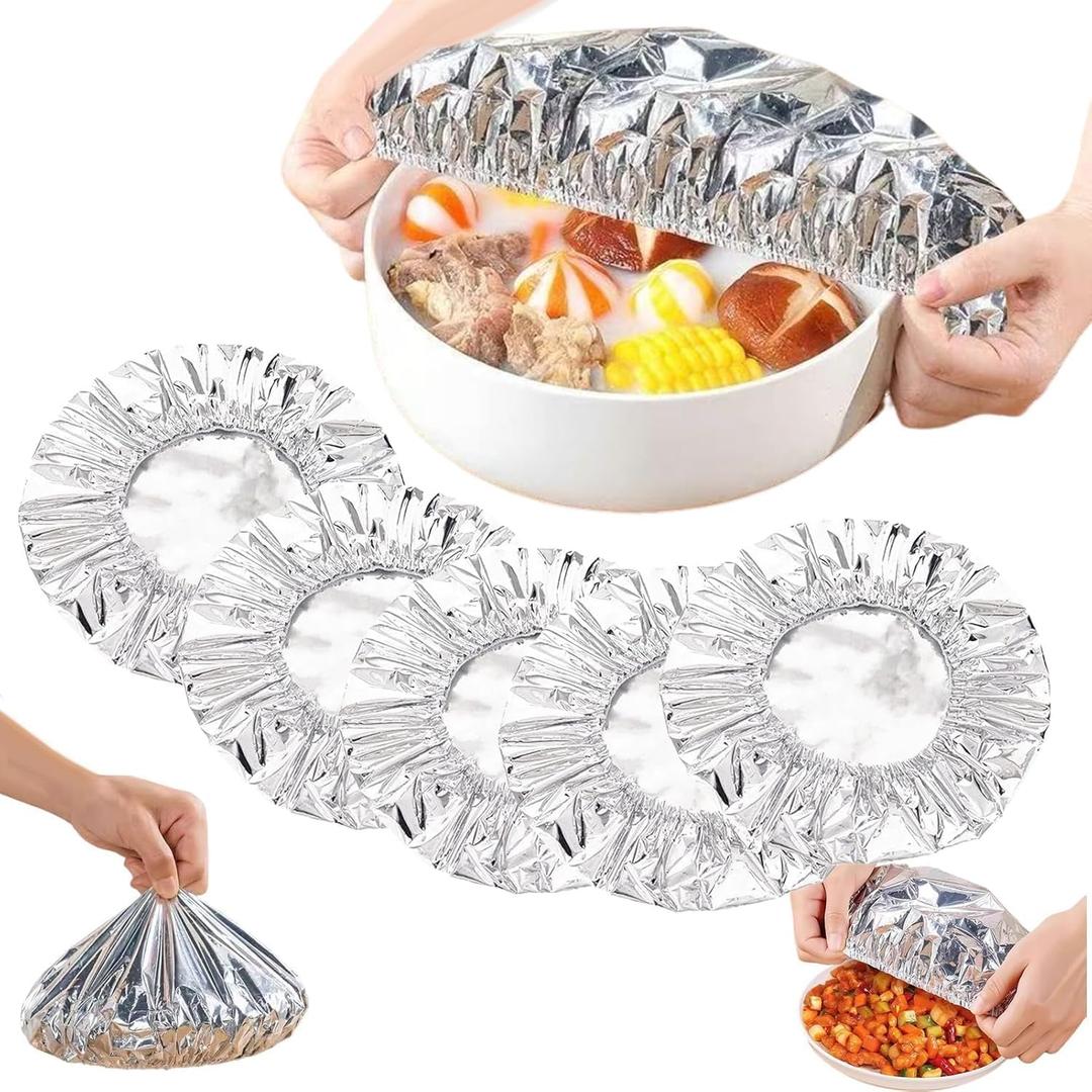 60 pc Reusable Aluminum Foil Food Covers, Pop-Up Tin Foil Food Insulation Cover, Heat Shield Lids for Refrigerator Storage