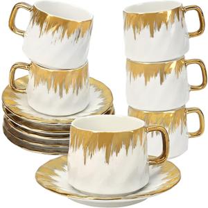 Coffee Cup Set of 6 with Saucers, 3.5 OZ Ceramic Espresso Cups Set, Gold Trim Turkish Coffee Cup Gift for Cappuccino, Latte, Cafe Mocha and Tea, Dishwasher & Microwave Safe(Gold Rim)