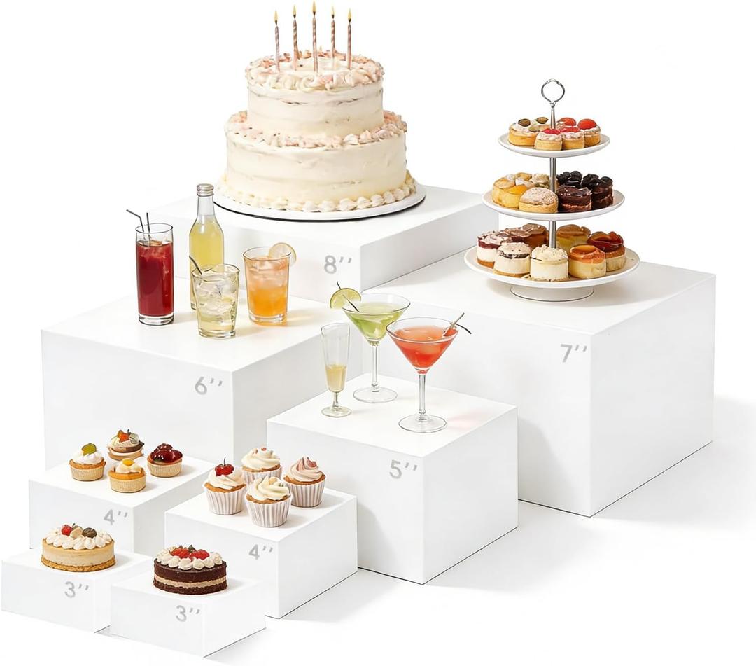 8pcs Buffet Risers,Dessert Table Display Set,White Cake Stand,Acrylic Boxes ForDisplay,Catering Supplies Buffet Display,Cube Boxes Nesting Risers,For Party Catering Dessert(8"-7"-6"-5"-4"-4"-3"-3")