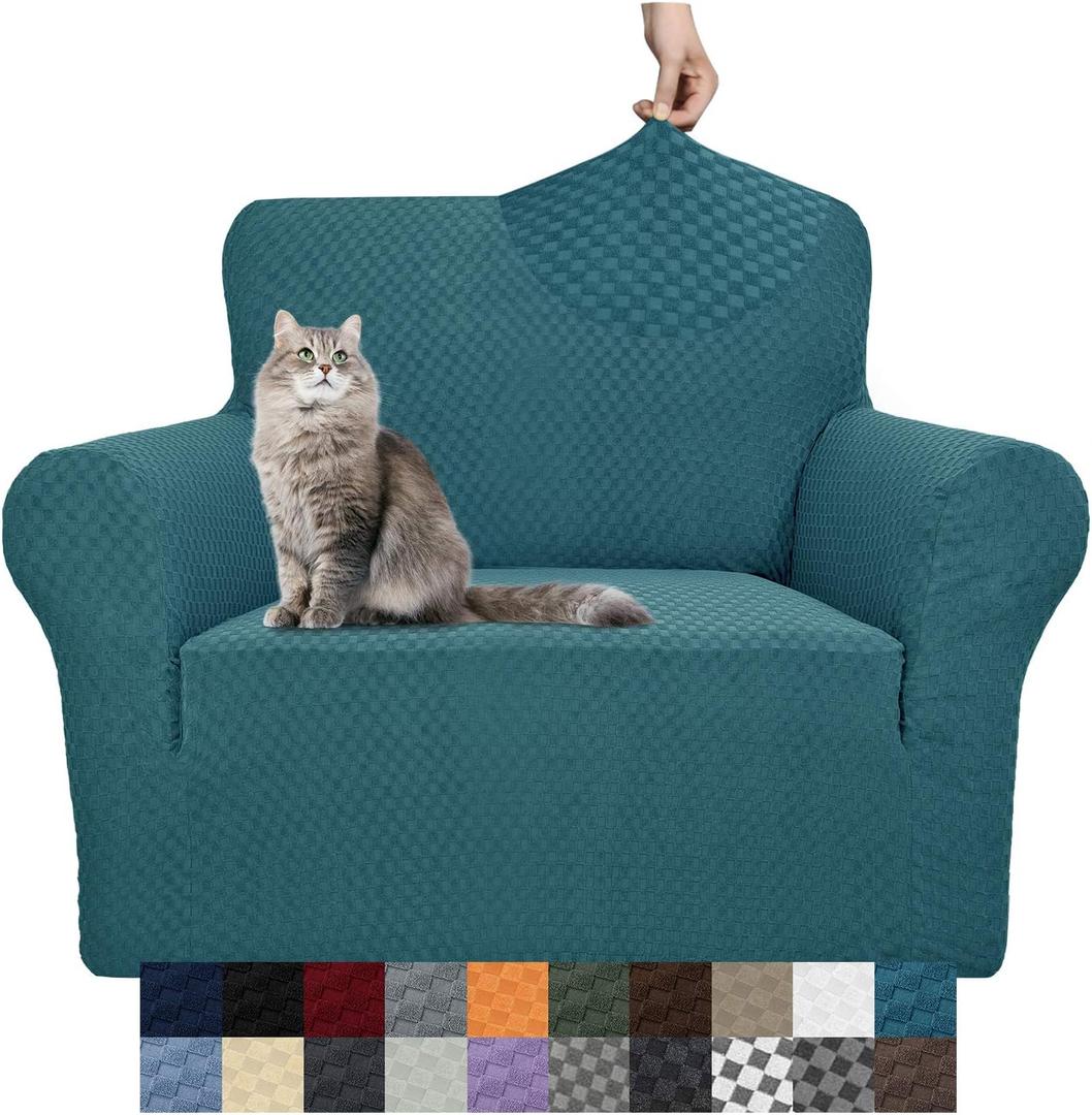 YEMYHOM Couch Cover Latest Jacquard Design High Stretch Sofa Chair Covers for Living Room, Pet Dog Cat Proof Armchair Slipcover Non Slip Magic Elastic Furniture Protector,Small (Chair, Teal) (Small (31"-46"), Peacock Blue)