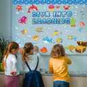 Pajean 83 Pieces Ocean Beach Theme Classroom Bulletin Board Decoration Sets Dive into Learning Sea Animal Jeweled Fish Treasure Box Cutouts for Under The Summer Classroom Wall Decor