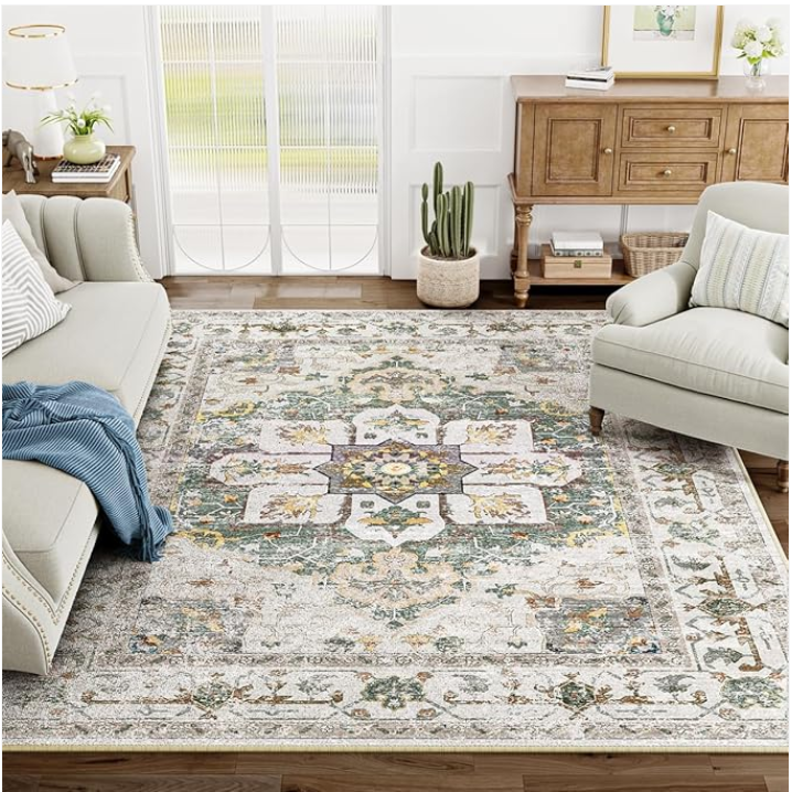 Eleisa 8x10 Area Rug Washable Rugs for Living Room, No Pile Boho Carpet for Entryway Bedroom Dinning Room, Vintage Carpet Print Distressed Non-Slip, 8 x 10 ft, Grey Brown