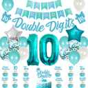 10th Birthday Decorations for Girls Teal, Double Digits Party Supplies Turquoise Banner Cake & Cupcake Toppers Number 10 Helium Balloon Star Foil Balloon for 10 Year Old Girl Party Decorations