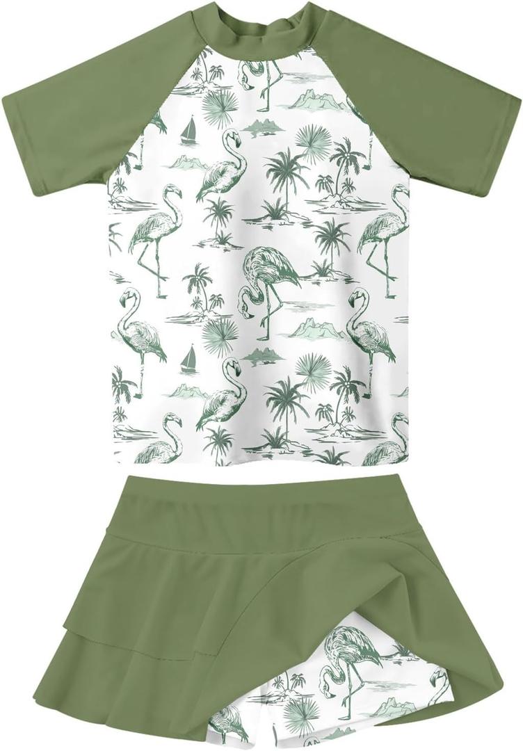 Girls Rash Guard Swimsuit 2 Piece Short Sleeve Bathing Suit Size 6-11 (8-9 Years, Green-01)