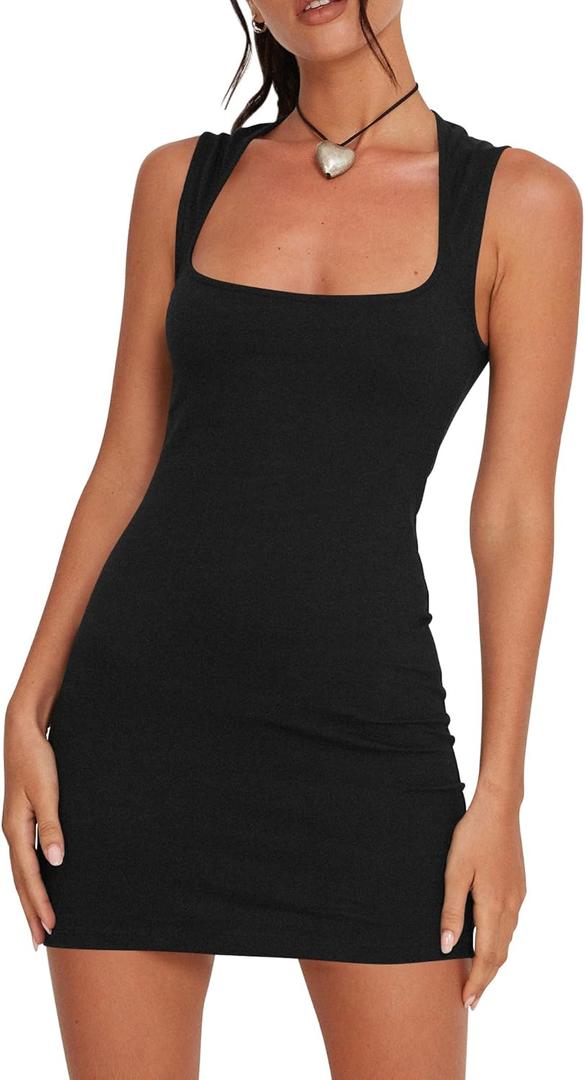 Mizoci Women's Sexy Bodycon Tank Short Dress Square Neck Club Party Mini Dresses (Black, M)