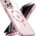 Magnetic for iPhone 13 Pro Max Case with Privacy Screen Protector & Full Camera Cover,[Non-Yellowing] Plating Glossy Soft Shockproof Clear Phone Case with MagSafe Women Girls for 13 ProMax,Pink | Magnetic, Full Camera Cover, Non-Yellowing, Plating Glossy, Soft