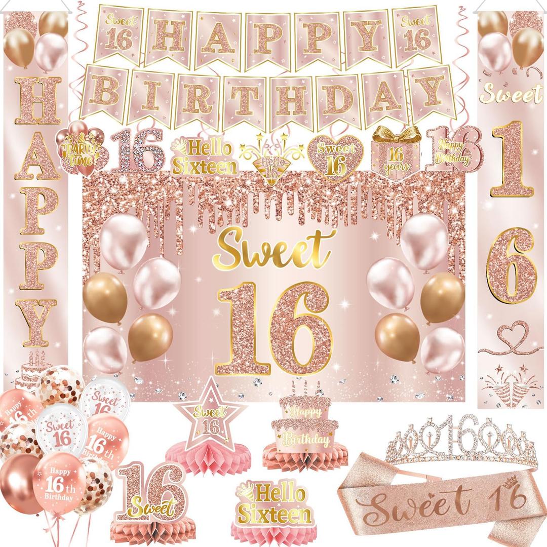 Sweet 16 Party Decorations 16th Birthday Decorations Backdrop, Banner, Honeycomb Centerpieces, Hanging Swirls, Porch Banner, Balloons, Sash, Pom Poms, Crown