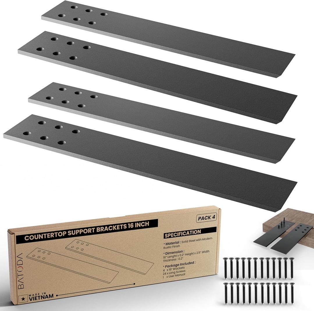 BATODA 16" Countertop Mounted Support Brackets (4 pcs) for Granite - Heavy Duty L Shelf Bracket - DIY Open Shelving Knee Wall Support - Mounting Hardware Included (Pack 4)