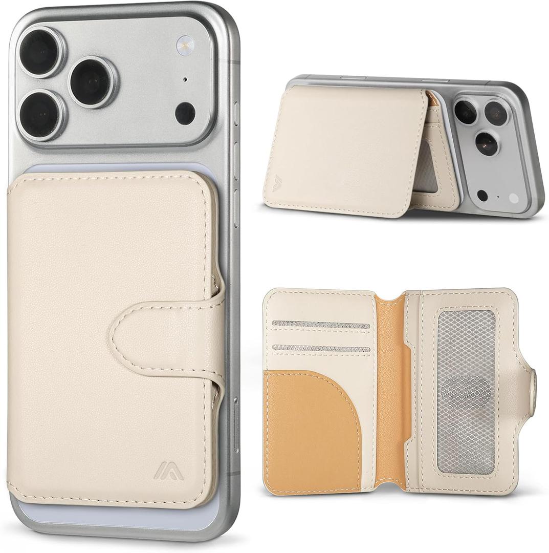 for MagSafe Wallet, Magnetic Phone Wallet RFID Blocking, Slim 5-8 Card Holder with Cash Slot & Clear ID Window, Minimalist Mag Safe Wallets for iPhone 17/16/15/14/13/12 Series, Oatmeal Beige