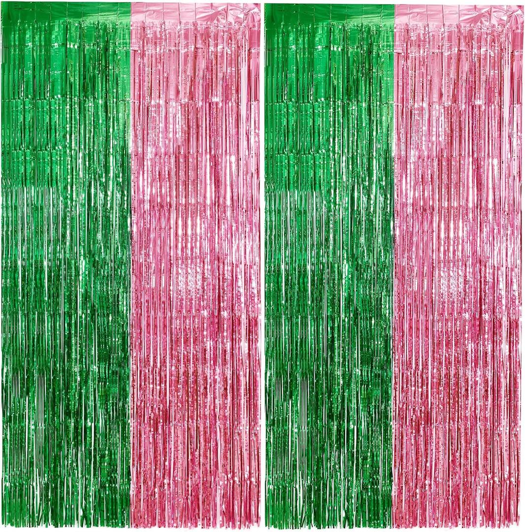 2 Pack Pink and Green Party Decorations Tinsel Foil Fringe Backdrop 3.3x6.6, Wicked Party & Halloween Streamer, Durable Metallic Tassel Create Photo Booth & Entrance
