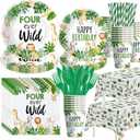 Safari Jungle Theme 4th Birthday Party Supplies, Four Ever Wild Birthday Decorations Tableware, Wild Animal 4 Year Old Decorations, Plate, Cup, Napkin, Tablecloth, Cutlery, Serves 24