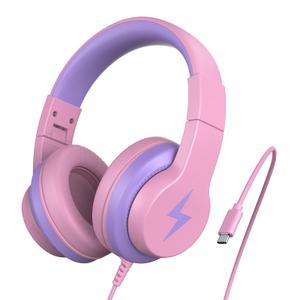 Kids Headphones for School, Upgrade USB C Headphones for Kids, Wired Headphone for Kid, HD Stereo Sound, Foldable Kid Over-Ear Headphone for Boys, Girls, iPad, PC, Tablets, Travel-Pink