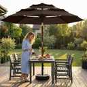 10FT Patio Umbrella 3 Tiers with LED Light Outdoor Market Umbrella w/Push Button Tilt, Crank, UV and Waterproof Table Umbrella for Garden, Pool, Backyard, Deck, Lawn, Brown