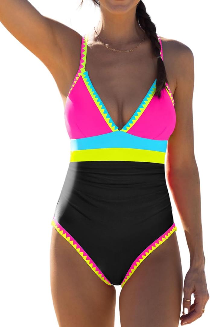 popvil One Piece Swimsuit 2025 Tummy Control Women Bathing Suit Shapewear Swimsuits Slimming Neon Cute Tie Back Swimwear (Small, Black6)