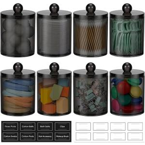 8 Pack Acrylic Qtip Holder Dispenser for Cotton Swabs, Balls, Pads, Floss Picks- Clear Plastic Canister Apothecary Jar Set, Bathroom Essentials Accessories Decor Vanity Makeup Storage Organizer -Black