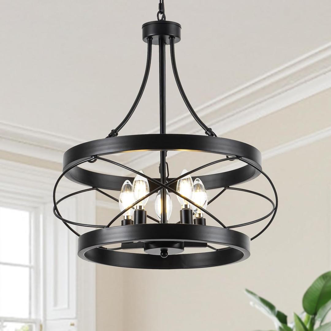 5-Light Farmhouse Chandelier, 17.72" Vintage Black Chandelier, Rustic Drum Dining Room Light Fixture, Wood Texture Adjustable Pendant Light, Industrial Hanging Lights for Living Room Kitchen Entryway
