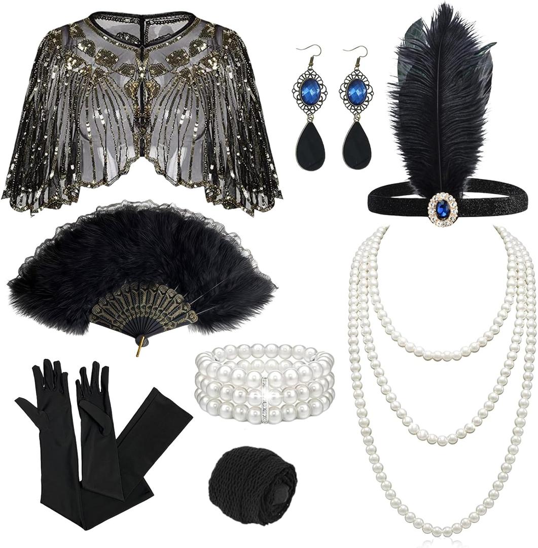Boonbery 1920s Flapper Gatsby Accessories Set for Women Roaring 20's Theme Party Costume Kit Fashion Roaring 20's Theme Set (Black Gold)
