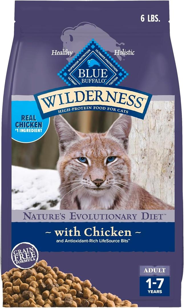 Blue Buffalo Wilderness Nature's Evolutionary Diet High-Protein, Grain-Free Natural Dry Food for Adult Cats, Chicken, 6-lb. Bag (6 Pound (Pack of 1)) Best By Apr 14, 2026