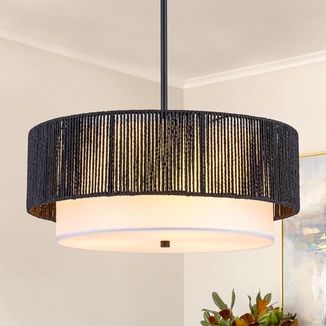 18'' Farmhouse Rattan Chandeliers for Dining Room,3-Light Boho Light Fixtures Rattan Pendant Light Fixture with Fabric Shade Drum Chandeliers for Bedroom Dining Room Foyer Kitchen HallwayBlack