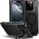 Lanhiem for iPhone 16 Pro Max Metal Case with Camera Cover & Stand [Compatible with MagSafe] [Built-in Kickstand] [Military-Grade Protection] Heavy Duty Rugged Magnetic Phone Case, Black