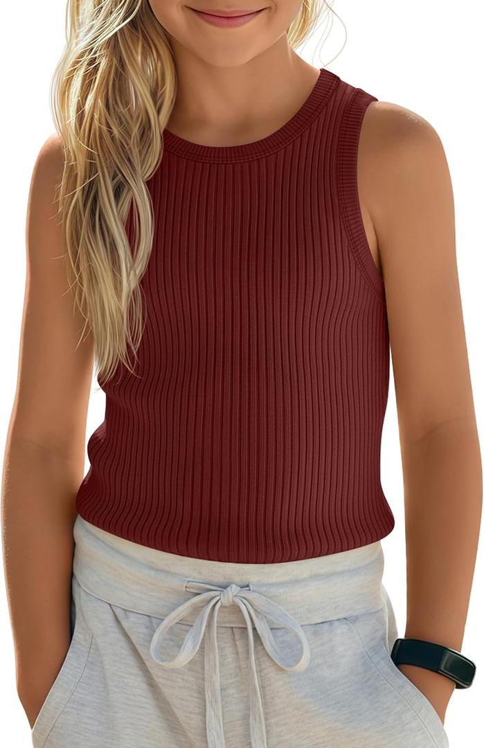 Girls Ribbed Tank Tops Kids Summer Crew Neck Slim Fit Sleeveless Tops Casual Basic Undershirts Vest for 5-14 Years