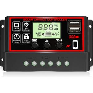 [Upgraded] 30A Solar Charge Controller, Black Solar Panel Battery Intelligent Regulator with Dual USB Port 12V/24V PWM Auto Paremeter Adjustable LCD Display (30a)