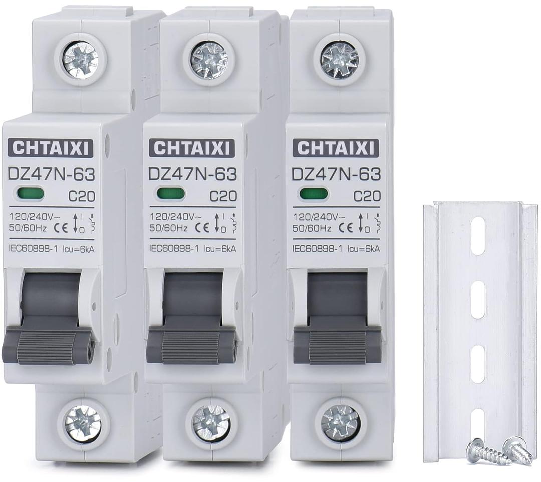 3 Pack 1 Pole Miniature Circuit Breaker, 20 Amp 120V/240V AC DIN Rail Mount Circuit Breaker, Thermal Magnetic Trip MCB C20