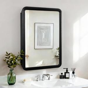 Black Medicine Cabinet, 18x26.5 Inch Wood Framed Mirror, Fully Assembled Recessed or Wall Mount Wood Cabinet with 2 Storage Shelves, Fully Assembled