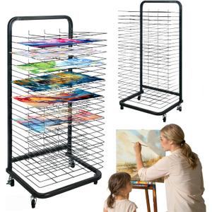 25 Removable Shelves Mobile Art Drying Rack for Classroom, Sturdy Metal Art Canvas Storage & Art Print Display Rack with Locking Wheels (32.22x14.6x17.3 In)Painting Drying Rackpaper drying rack (Black 25 layers)