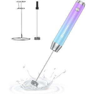 Maestri House Rechargeable Milk Frother with Stand, LunaFro Handheld Electric Foam Maker Waterproof Detachable Stainless Steel Whisk Drink Mixer Foamer for Lattes, Cappuccino (Purple and Blue)