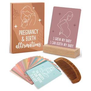 Levfla Pregnancy and Birth Affirmation Cards with Wooden Engraved Labor Comb Production Encouragement Positive Push New Mom Gifts for Women After Birth Boho Style Gender Reveal Neutral Present