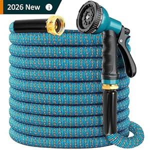 100 ft Expandable Garden Hose, 2025 New Retractable Water Hoses 100ft with 10 Function Spray Nozzle, Solid Brass Fittings, Extra Strength Fabric, Flexible Expanding Latex Core, Lightweight & No Kink
