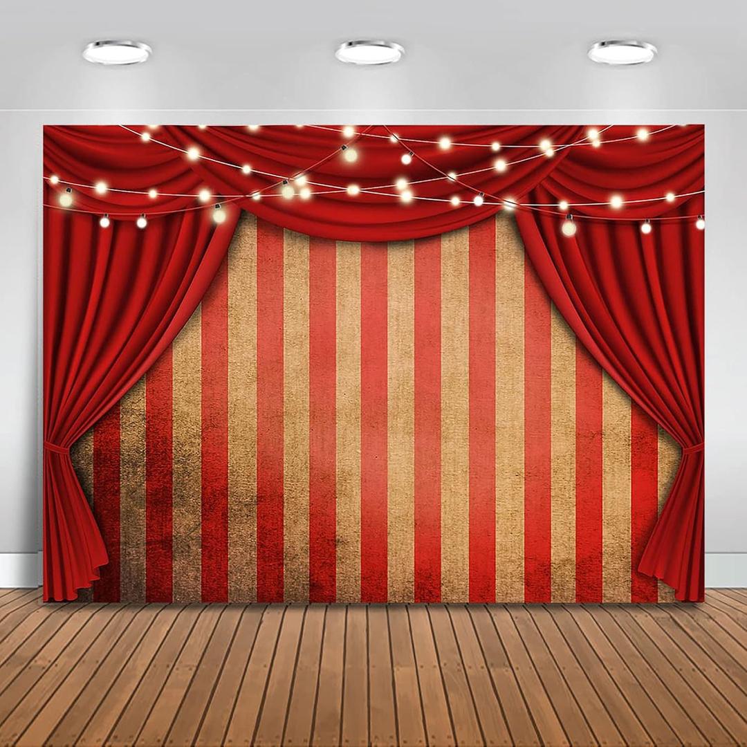 Mocsicka Halloween Circus Backdrop Circus Carnival Red Stripe Curtain Glitter Lights Party Decoration Horrible Scary Clown Vinyl Banner Photo Booth Prop (5x3ft)