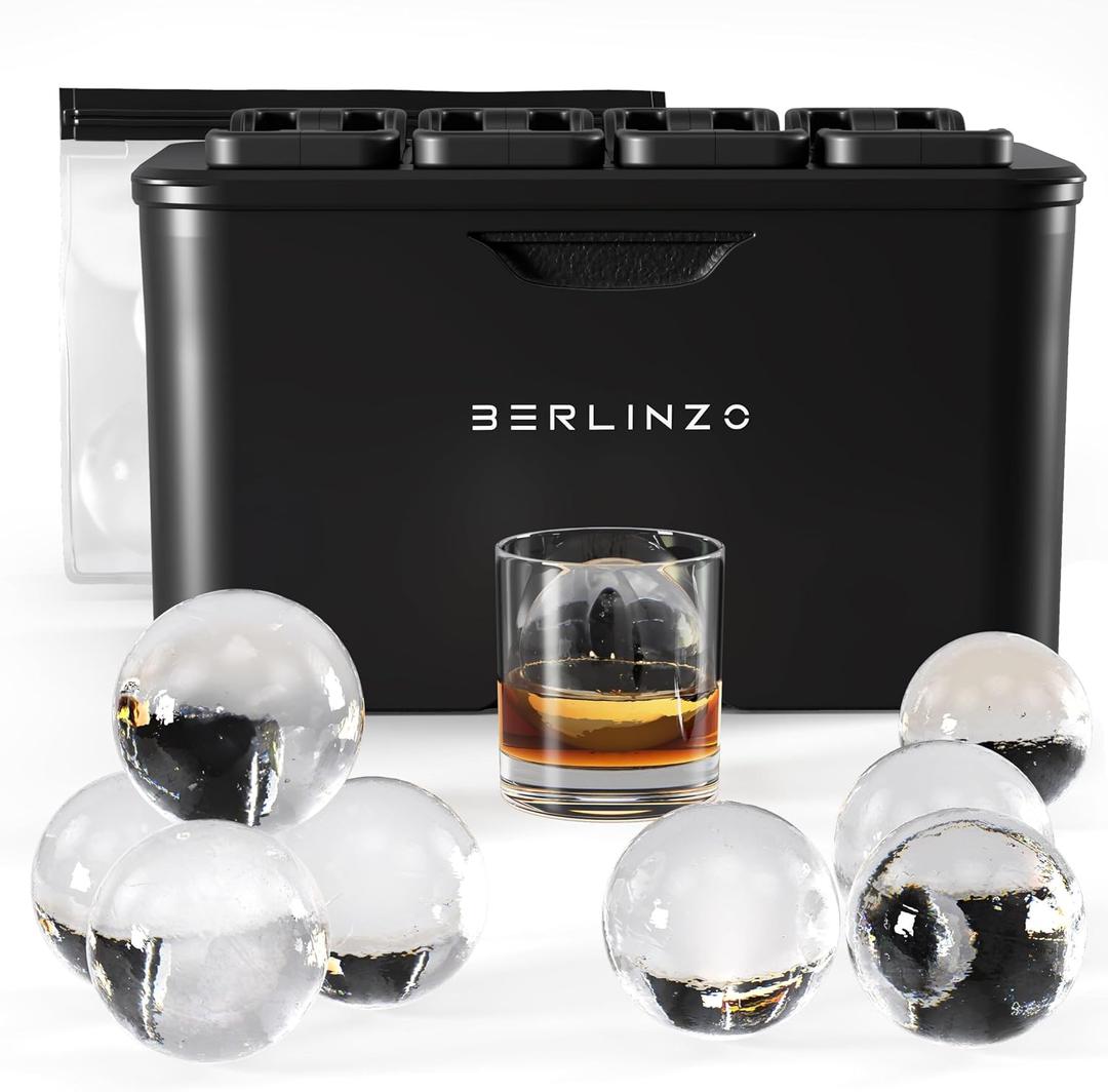 Berlinzo Premium Clear Ice Ball Maker Mold - 8 Large 2.4" Crystal Clear Ice Balls for Whiskey, Cocktails & Bourbon - Easy-to-Remove Mold for Ice Spheres - XL Storage Bag Included (Non-Electric), 3.8 X 5.3 X 5.8 Inches