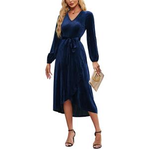 Women's Velvet V Neck Puff Sleeve Dress for Wedding Guest Cocktail Elegant Bodycon Party Midi Dress (Blue, S)